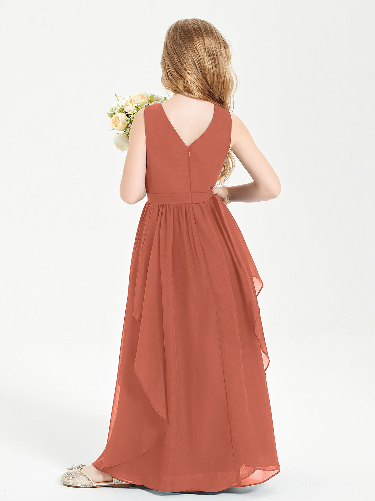 Boho Sleeveless Junior Chiffon Bridesmaids Gown Rust